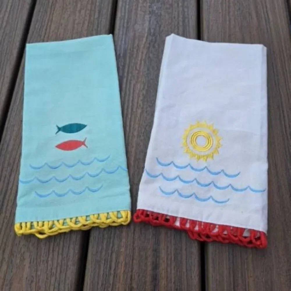 Sun & Sea Waves style tea kitchen towels cotton white teal red fish